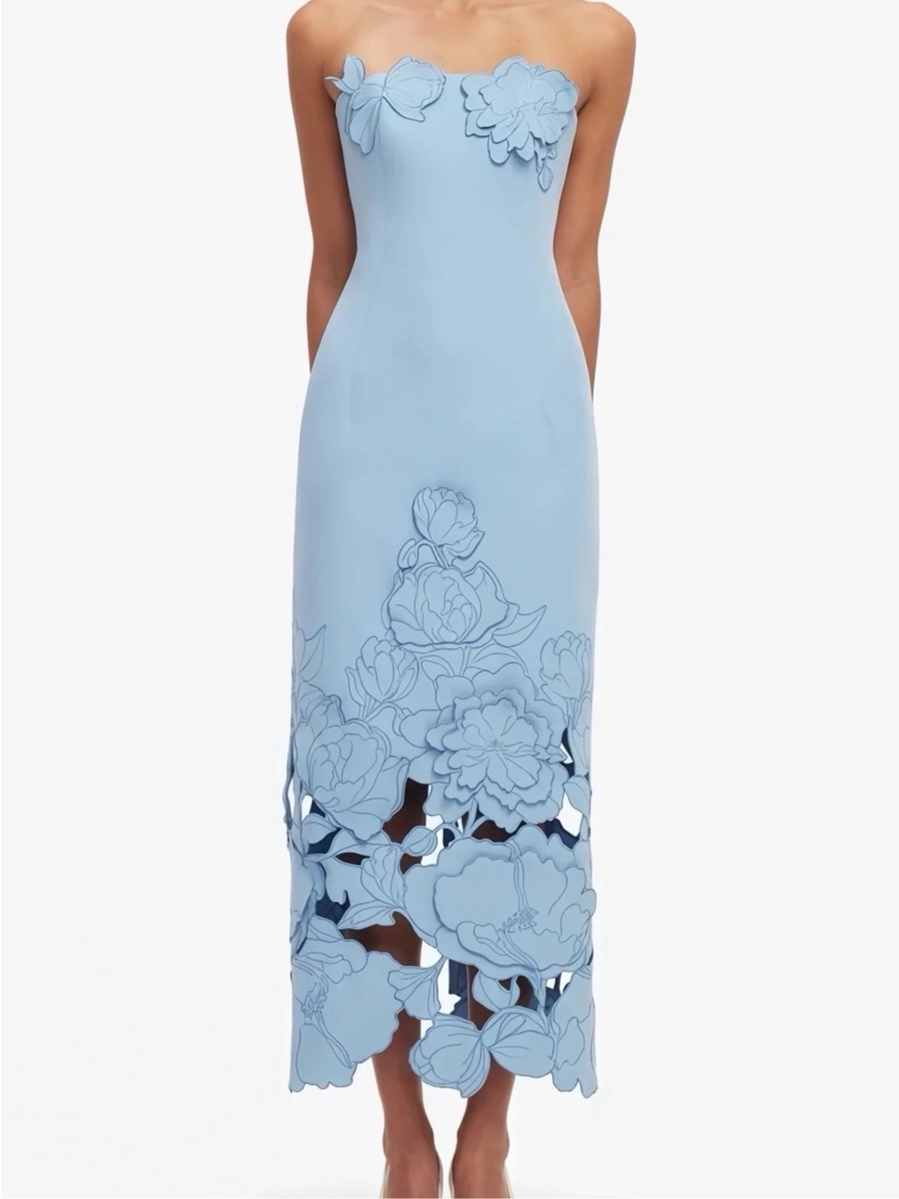 Strapless Light Blue Floral-Appliqué Maxi Dress
